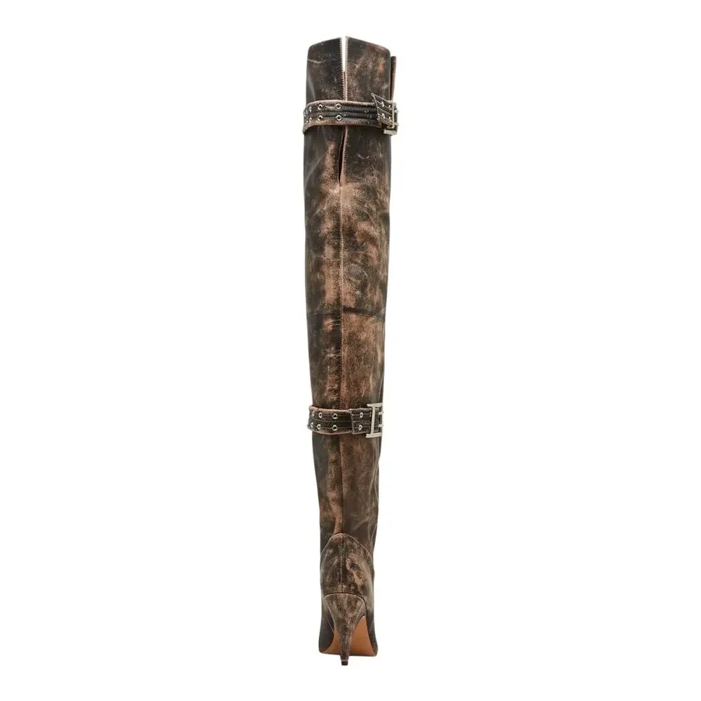 Steve Madden Women's Baddie Leather Over The Knee Boots Brown Distressed Size 8